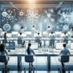 Laboratorio moderno con científicos trabajando frente a pantallas de datos y fórmulas