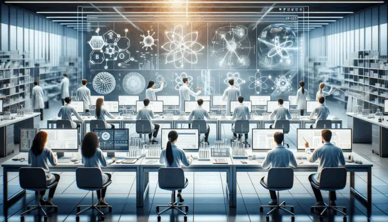 Laboratorio moderno con científicos trabajando frente a pantallas de datos y fórmulas