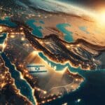 Mapa satelital de Medio Oriente con foco en Irán e Israel durante un atardecer