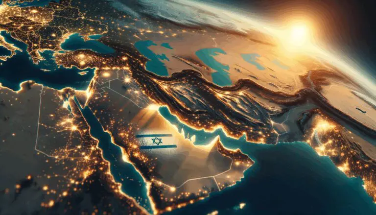 Mapa satelital de Medio Oriente con foco en Irán e Israel durante un atardecer