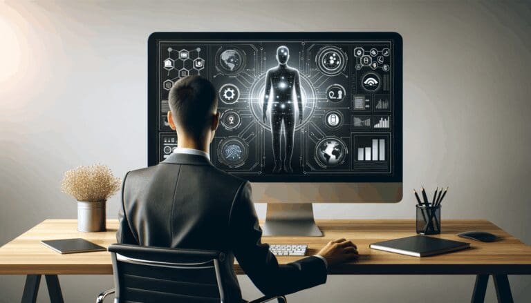 Persona frente a una computadora con gráficos de marketing digital e iconos de inteligencia artificial