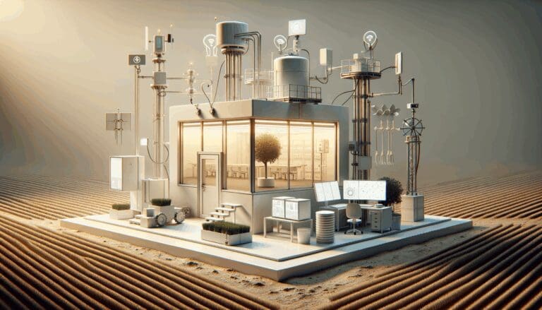 Plano medio de una startup agrotech en un campo conectado con sensores e inteligencia artificial