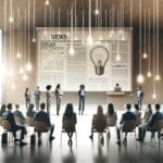 Grupo de emprendedores presentando ideas en un auditorio moderno con ambiente colaborativo