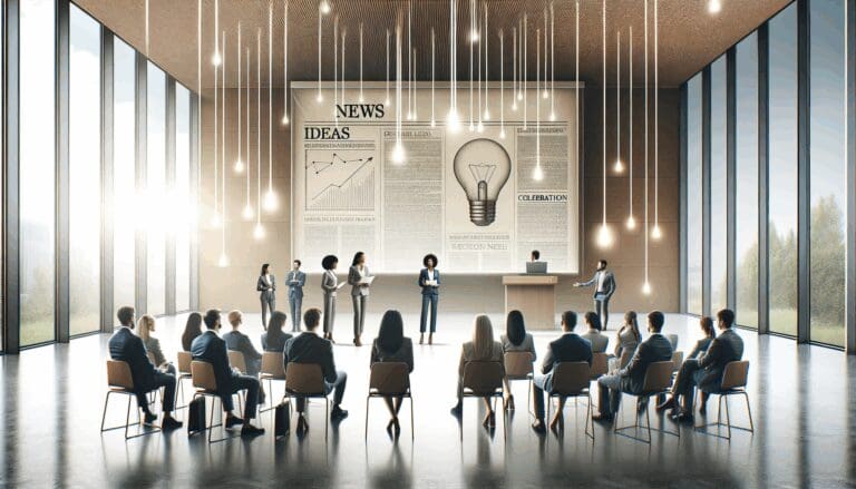 Grupo de emprendedores presentando ideas en un auditorio moderno con ambiente colaborativo