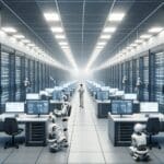 Interior moderno de una instalación tecnológica con servidores y robots trabajando