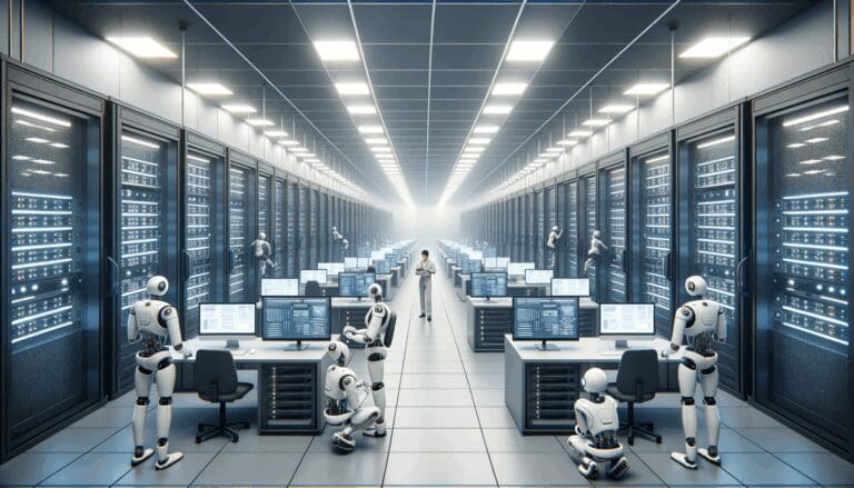 Interior moderno de una instalación tecnológica con servidores y robots trabajando