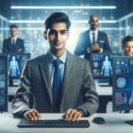 Retrato de un joven emprendedor trabajando frente a múltiples pantallas con gráficos de inteligencia artificial.