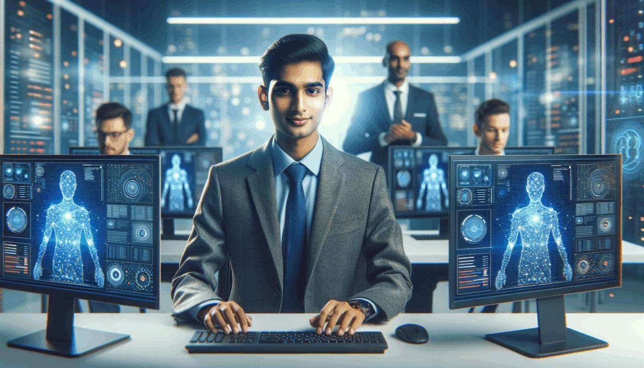 Retrato de un joven emprendedor trabajando frente a múltiples pantallas con gráficos de inteligencia artificial.