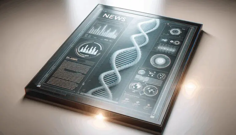 Primer plano de una interfaz tecnológica médica con gráficos de ADN y datos en pantalla
