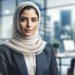 Retrato profesional de una mujer en un entorno tecnológico moderno, con fondo difuminado estilo oficina en Silicon Valley