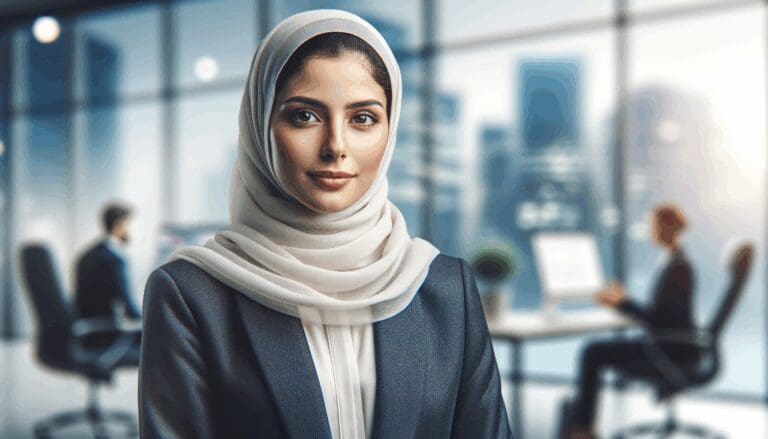 Retrato profesional de una mujer en un entorno tecnológico moderno, con fondo difuminado estilo oficina en Silicon Valley