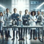 Equipo de científicos y desarrolladores trabajando en laboratorio tecnológico