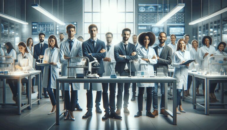 Equipo de científicos y desarrolladores trabajando en laboratorio tecnológico