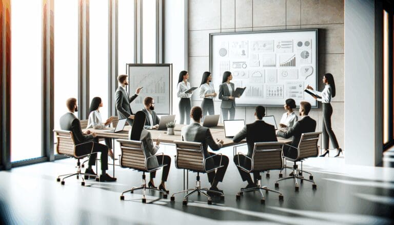 Equipo de emprendedores colaborando en una sala de reuniones moderna con laptops y pizarras
