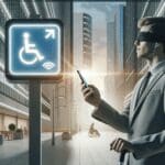 Persona ciega usando un smartphone para escanear una señal accesible en un entorno urbano moderno