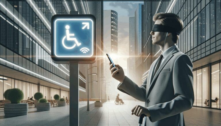 Persona ciega usando un smartphone para escanear una señal accesible en un entorno urbano moderno