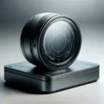 Primer plano de un dispositivo tecnológico futurista sobre fondo minimalista