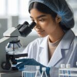 Primer plano de una investigadora en laboratorio biomédico usando microscopio