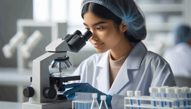 Primer plano de una investigadora en laboratorio biomédico usando microscopio