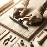 Primer plano de manos manipulando un material ecológico marrón claro con herramientas de carpintería