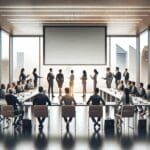 Sala de conferencias moderna con emprendedores intercambiando ideas frente a una pantalla grande