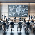 Emprendedores reunidos en una sala de conferencias moderna con pantallas de alta tecnología.