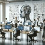 Oficina moderna con ingenieros trabajando en tecnología de inteligencia artificial