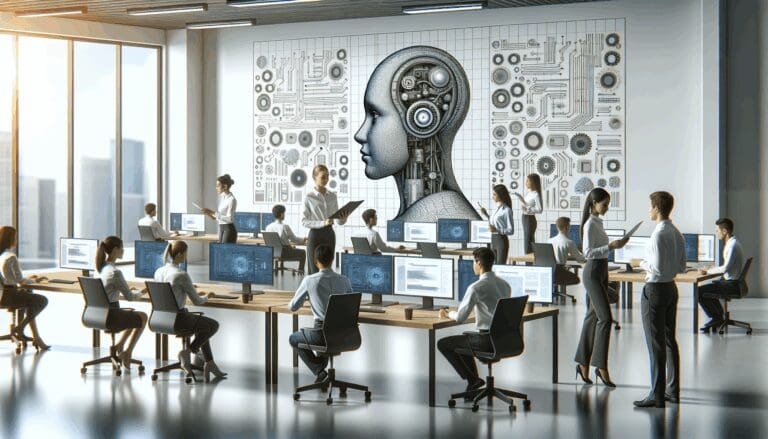 Oficina moderna con ingenieros trabajando en tecnología de inteligencia artificial