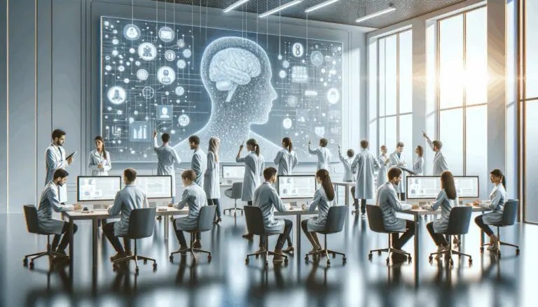 Laboratorio moderno con científicos trabajando en inteligencia artificial y big data