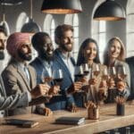 Grupo de personas brindando con copas de vino en un bar moderno con iluminación cálida