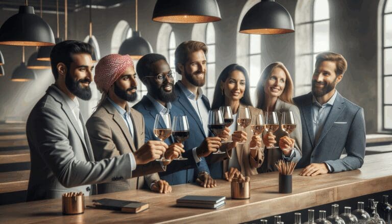 Grupo de personas brindando con copas de vino en un bar moderno con iluminación cálida