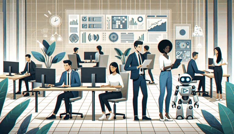 Grupo de emprendedores trabajando en un laboratorio tecnológico con pantallas de datos y robots