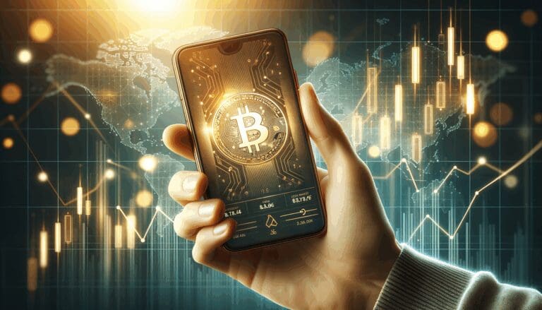 Mano sosteniendo un teléfono móvil con gráfico dorado de criptomoneda y fondo tecnológico borroso