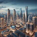 Vista panorámica de una ciudad moderna con rascacielos iluminados y centros tecnológicos al atardecer