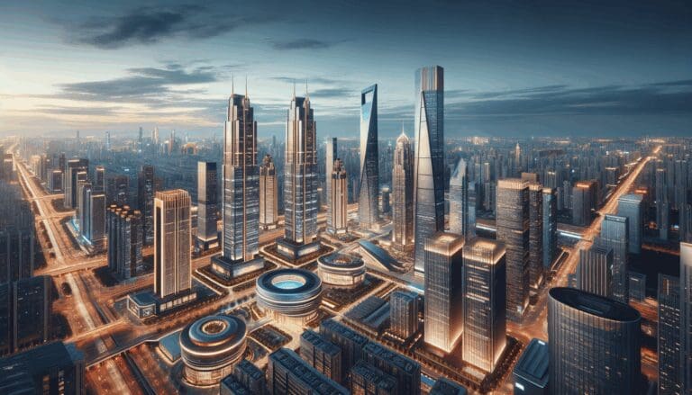 Vista panorámica de una ciudad moderna con rascacielos iluminados y centros tecnológicos al atardecer