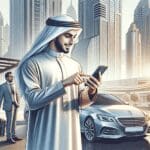 Persona usando una app móvil frente a un auto estacionado en ciudad moderna