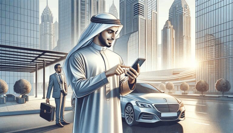 Persona usando una app móvil frente a un auto estacionado en ciudad moderna