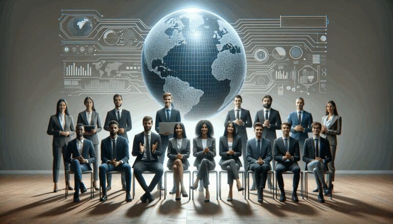 Equipo de emprendedores en presentación de pitch tecnológica frente a jurado internacional