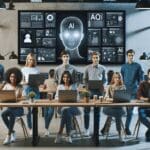 Equipo de jóvenes emprendedores trabajando en un espacio de coworking con pantallas mostrando herramientas de IA