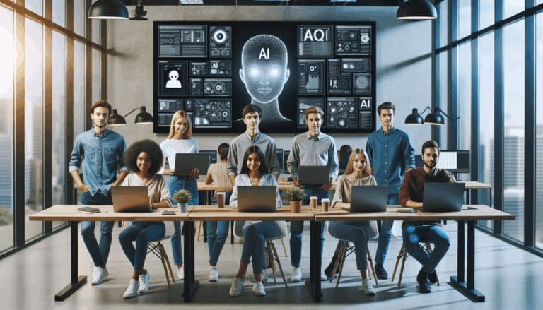 Equipo de jóvenes emprendedores trabajando en un espacio de coworking con pantallas mostrando herramientas de IA