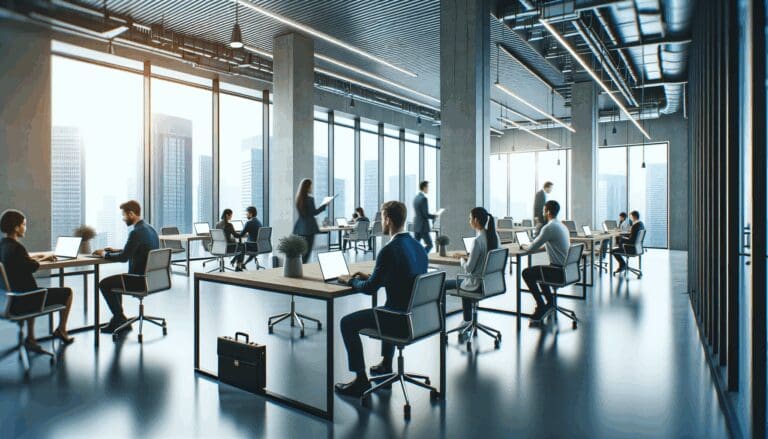 Vista interior de un centro de innovación con emprendedores trabajando en laptops