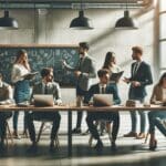 Grupo de emprendedores colaborando en una sala moderna con laptops y pizarras