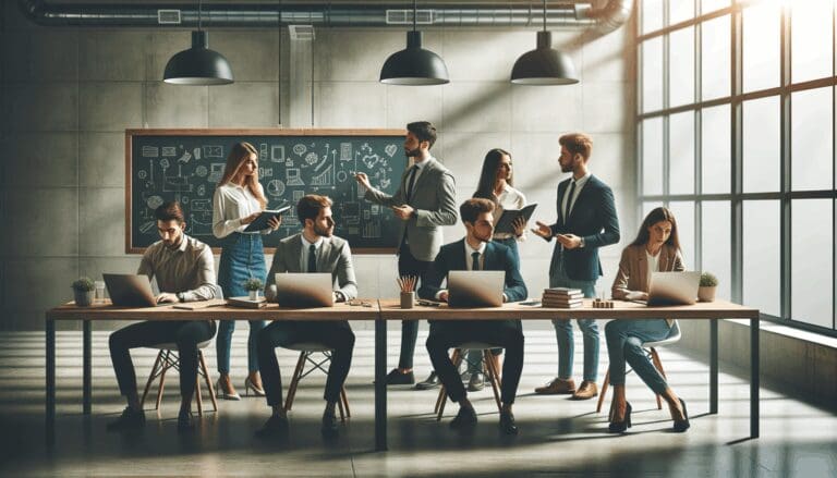Grupo de emprendedores colaborando en una sala moderna con laptops y pizarras