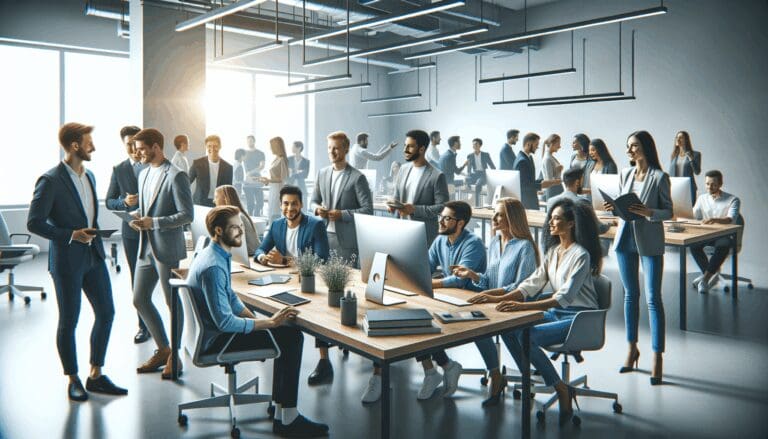 Espacio de coworking moderno con emprendedores colaborando frente a computadoras