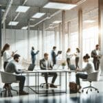 Interior luminoso de un centro de innovación con emprendedores colaborando frente a laptops