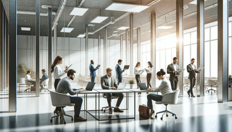 Interior luminoso de un centro de innovación con emprendedores colaborando frente a laptops