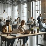 Oficinas modernas con emprendedores trabajando en laptops en un espacio colaborativo