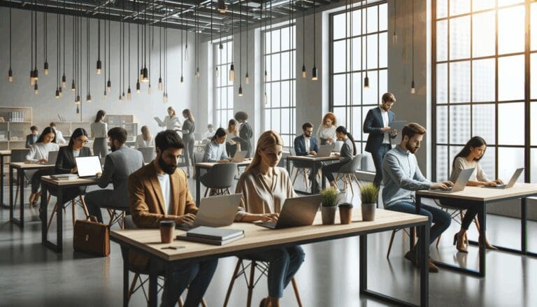 Oficinas modernas con emprendedores trabajando en laptops en un espacio colaborativo