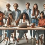 Grupo de jóvenes emprendedores colaborando en un espacio de coworking moderno