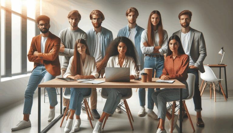 Grupo de jóvenes emprendedores colaborando en un espacio de coworking moderno